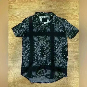 Boys Denim & Flower Short Sleeve Button-Down Shirt, Size 9/10